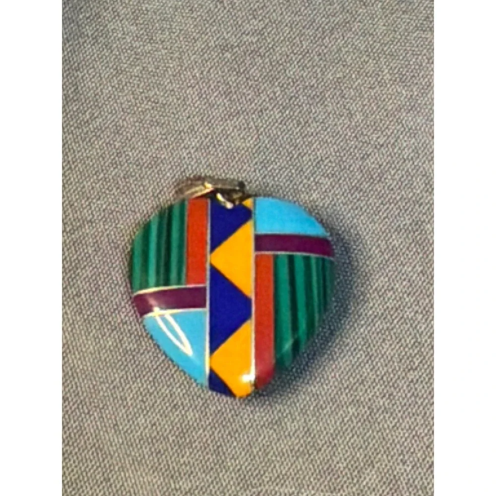 Southwestern Multi Stone Inlay Heart Pendant Malachite Turquoise Geometric Boho